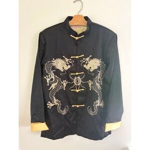 Vintage Black Dragon Embroidered Mandarin Collar Jacket Satin Chinese Style M